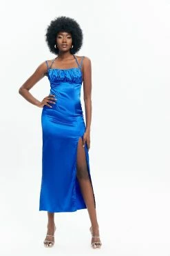 Solado Satin Backless Slit Hem Cami Maxi Dress