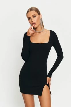 SOLADO Square Neck Split Hem Cinched Waist Mini Dress