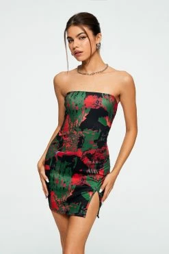 Solado Abstract Print Lace Up Split Hem Tube Mini Dress