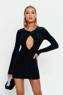 SOLADO Polka Dot Cut Out Velvet Long Sleeve Mini Dress