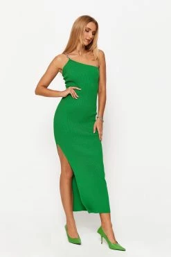 Solado One Shoulder Chain Decor Split Hem Ribbed Midi Dress