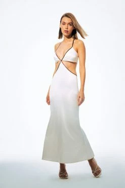 SOLADO Satin Plunging Neck Colorblock Trim Maxi Dress