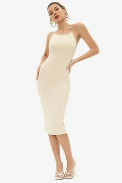 Solado Cross Backless Split Hem Solid Cami Midi Dress