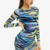 Solado Abstract Print Cut Out Mesh Long Sleeve Mini Dress Without Underwear