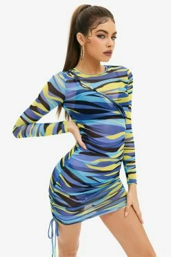 Solado Abstract Print Cut Out Mesh Long Sleeve Mini Dress Without Underwear