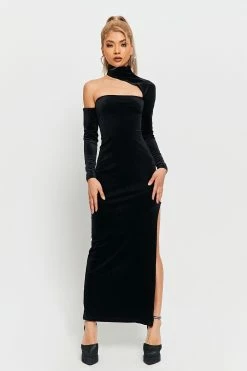 SOLADO Velvet High Neck Cold Shoulder Split Hem Maxi Dress