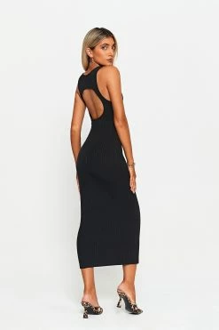 SOLADO Stripe Knitted Open Back Sleeveless Midi Dress