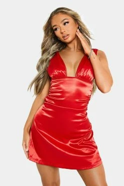 SOLADO Satin Plunging Neck Sleeveless A-Line Mini Dress