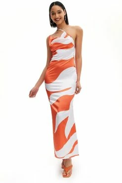 Solado Satin Abstract Print Asymmetrical Neck Maxi Dress