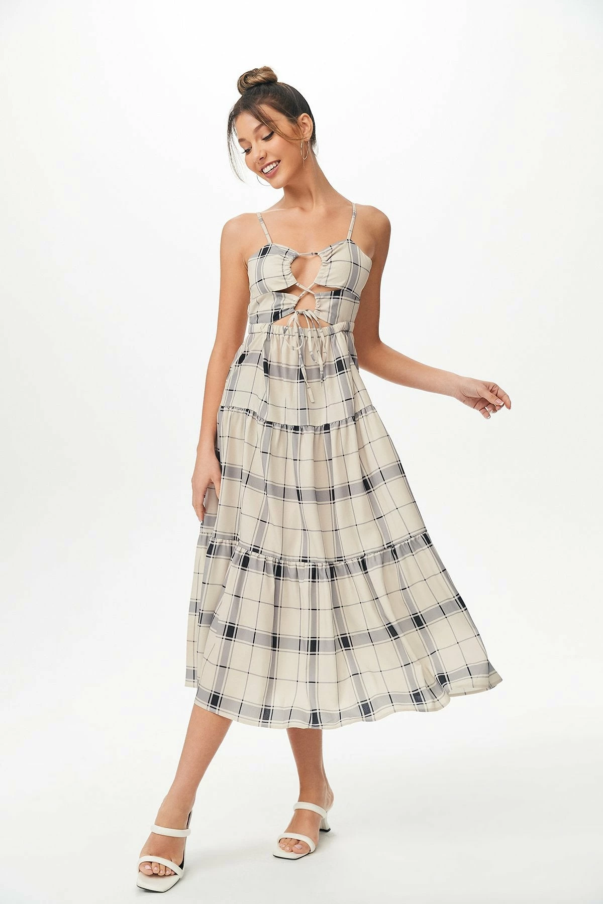 Solado Lace Up Plaid Print Maxi Dress 1 Solado Lace Up Plaid Print Maxi Dress