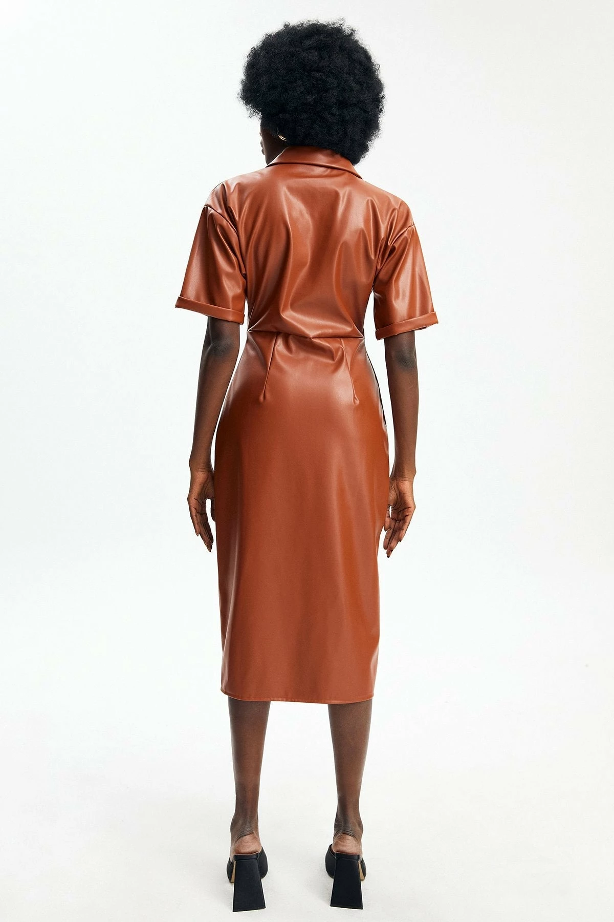 Solado Ruched Slit Hem PU Leather Midi Dress 2 Solado Ruched Slit Hem PU Leather Midi Dress - Image 2