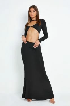 Solado Plunging Neck Cut Out Long Sleeve Maxi Dress