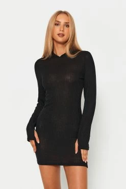 Alternative view of Solado Solid Knitted Long Sleeve Hooded Mini Dress