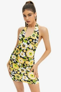 Solado Daisy Print Plunging Neck Backless Mini Dress