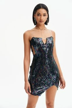 Solado Colorful Sequin Notched Neck Off Shoulder Mini Dress