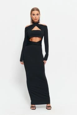 SOLADO Halter Neck Cut Out Long Sleeve Maxi Dress