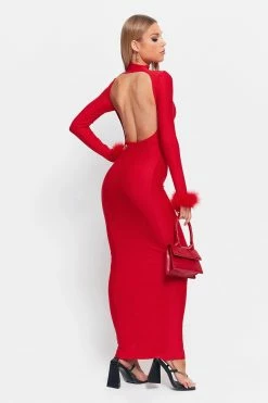 Solado Mock Neck Feather Trim Open Back Maxi Dress