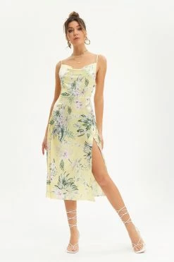 Solado Cowl Neck Floral Print Split Hem Midi Dress