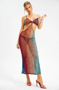 Solado Gradient Cut Out Plunging Neck Backless Maxi Dress Without Panty