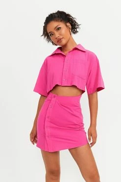 Solado Lapel Neck Button Side Short Sleeve Mini Dress