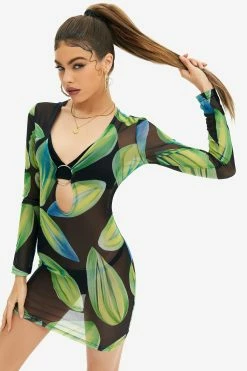 Solado Abstract Print O-Ring Front Mesh Mini Dress Without Underwear