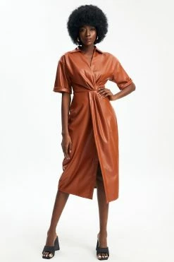 Solado Ruched Slit Hem PU Leather Midi Dress