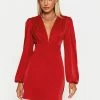 SOLADO Plunging Neck Puff Sleeve Ruched Mini Dress