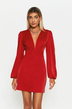 SOLADO Plunging Neck Puff Sleeve Ruched Mini Dress
