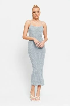SOLADO Plunging Neck Stripe Knitted Mermaid Midi Dress