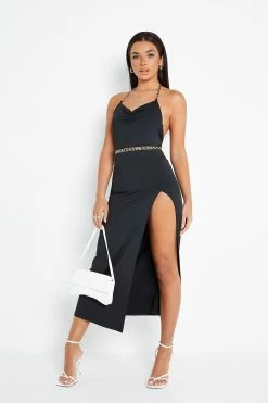 Solado Plunging Neck Cross Backless Split Hem Maxi Dress