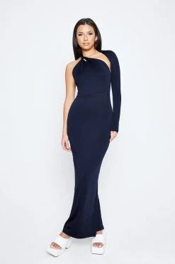 SOLADO Asymmetrical Neck One Sleeve Split Hem Maxi Dress