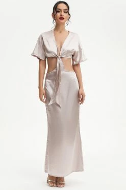 Solado Satin Plunging Neck Tie Front Maxi Dress
