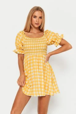 Solado Square Neck Check Print Puff Sleeve Mini Dress