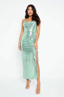 Solado Sequin Split Hem Backless Cami Maxi Dress
