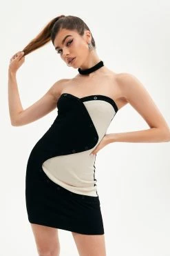 Solado Colorblock Button Decor Backless Tube Mini Dress