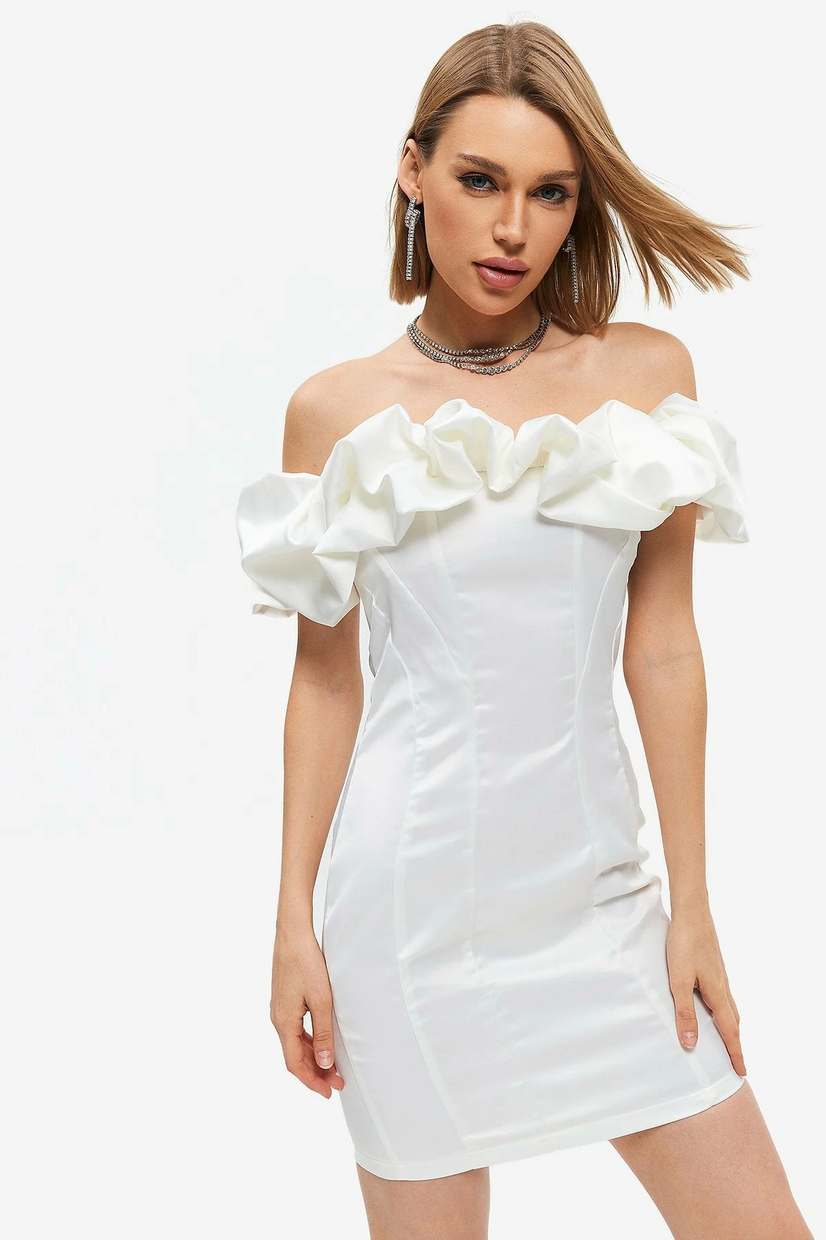 Solado Off Shoulder Satin Solid Bodycon Mini Dress 2 Solado Off Shoulder Satin Solid Bodycon Mini Dress - Image 2