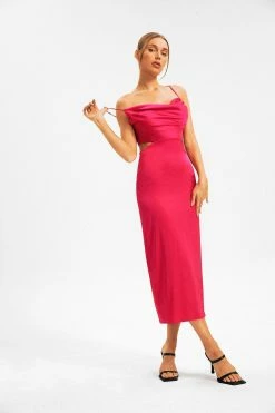 Solado Satin Cowl Neck Tie Backless Solid Maxi Dress