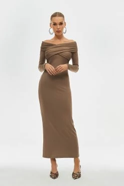 SOLADO Off Shoulder Cross Wrap Long Sleeve Maxi Dress