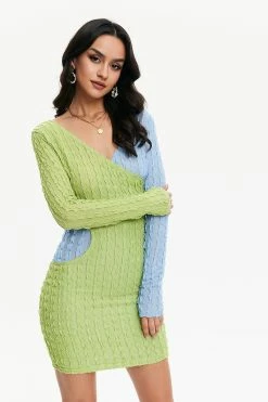 Solado Texture Colorblock V Neck Bodycon Dress