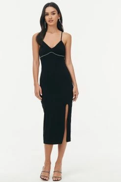 Solado Rhinestone Decor Split Hem Solid Midi Dress