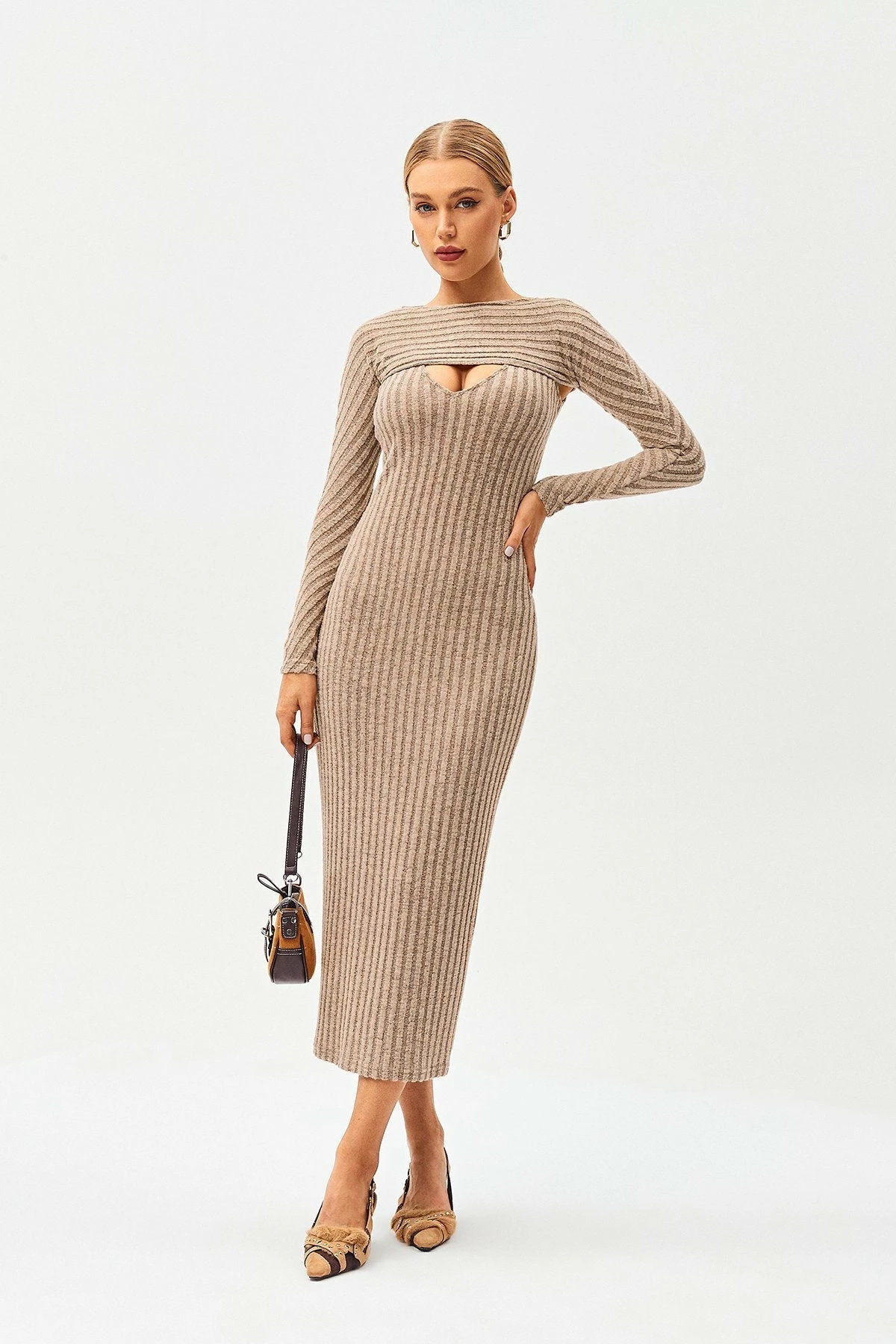SOLADO 2 In 1 Cut Out Stripe Knitted Bodycon Maxi Dress 2 SOLADO 2 In 1 Cut Out Stripe Knitted Bodycon Maxi Dress - Image 2