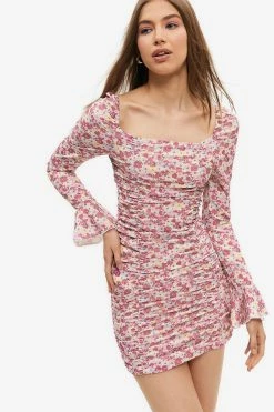 Solado Square Neck Floral Print Ruched Mini Dress