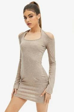 Solado Halter Neck Cold Shoulder Long Sleeve Mini Dress