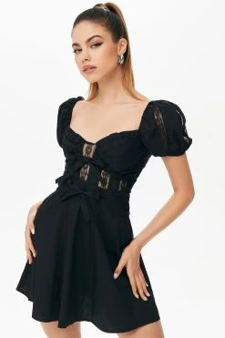 Solado Puff Sleeve Floral Lace Tie Front Mini Dress