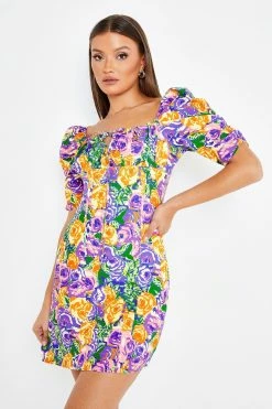 Solado Square Neck Floral Print Puff Sleeve Mini Dress