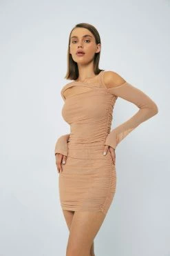 SOLADO Asymmetrical Neck Ruched Mesh Long Sleeve Mini Dress