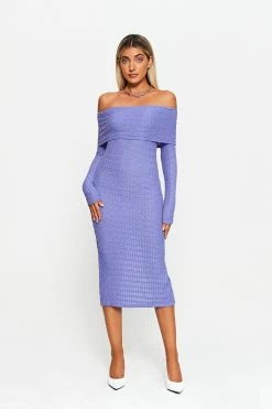 SOLADO Off Shoulder Check Textured Split Hem Midi Dress