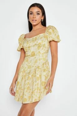 Solado Square Neck Puff Sleeve Cinched Waist Mini Dress