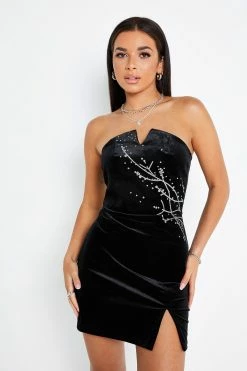 Solado Abstract Print Split Hem Tube Velvet Mini Dress