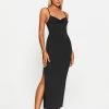 SOLADO Plunging Neck Ruched Split Hem Midi Dress